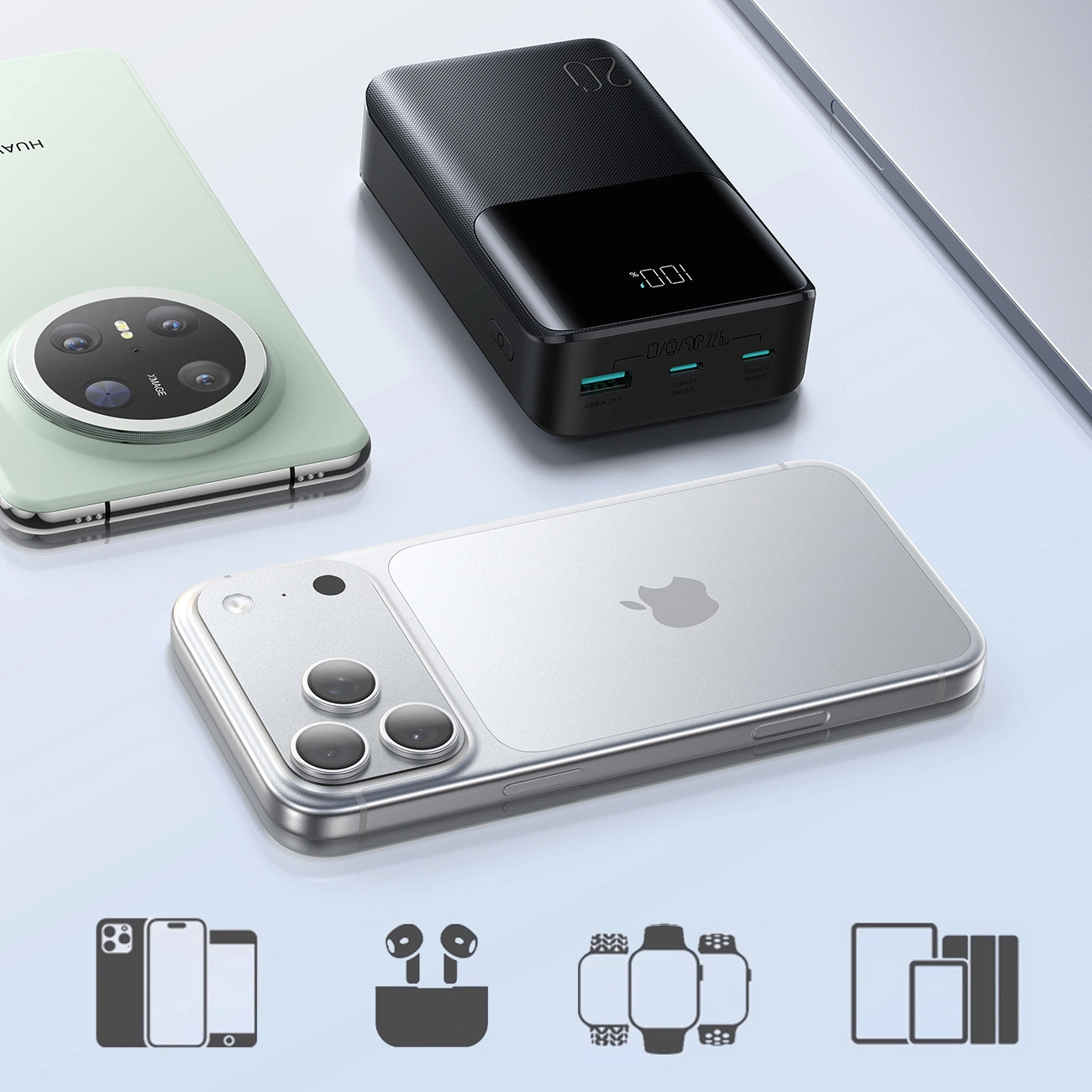 Batería Externa Joyroom JR-QP192, 20000mAh, 22.5W, QC + PD, 1 x USB-A - 2 x USB-C, Negra