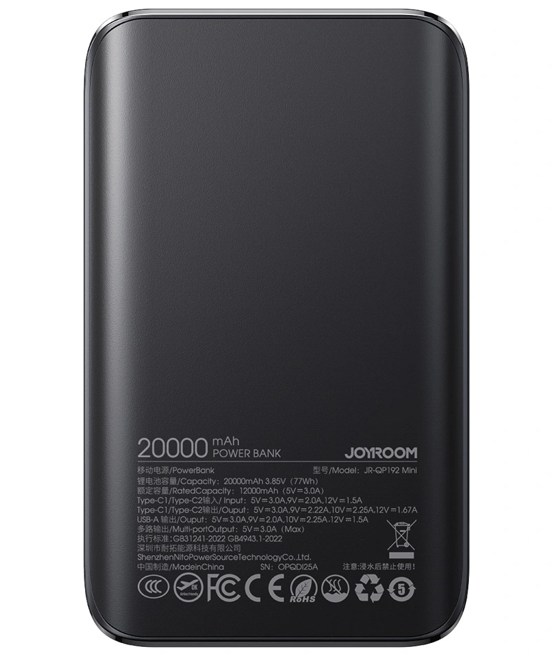Batería Externa Joyroom JR-QP192, 20000mAh, 22.5W, QC + PD, 1 x USB-A - 2 x USB-C, Negra