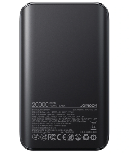 Batería Externa Joyroom JR-QP192, 20000mAh, 22.5W, QC + PD, 1 x USB-A - 2 x USB-C, Negra