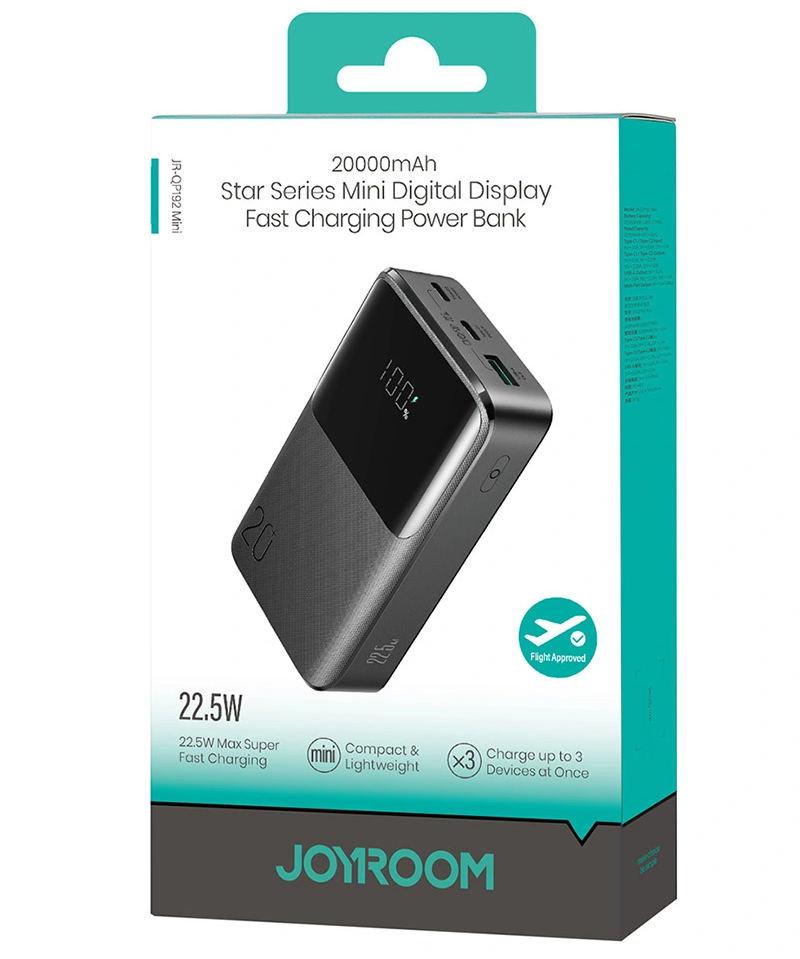 Batería Externa Joyroom JR-QP192, 20000mAh, 22.5W, QC + PD, 1 x USB-A - 2 x USB-C, Negra