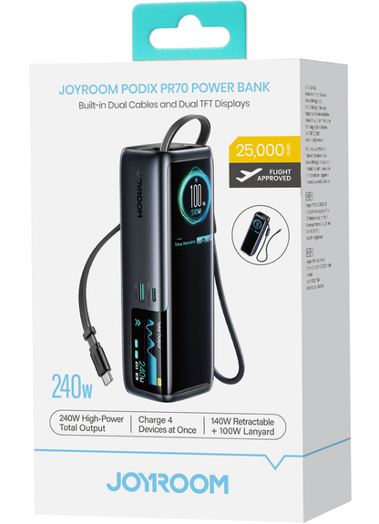 Batería externa Joyroom PODIX PR70, 25000 mAh, 240 W, QC + PD, 1 x USB-A - 3 x USB-C, negra
