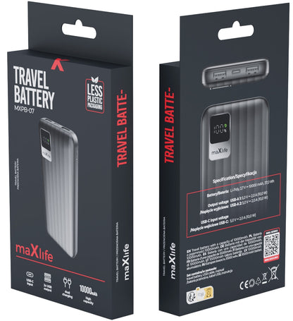 Batería Externa MaXlife MXPB-07, 10000mAh, 10W, 2 x USB-A, Negra