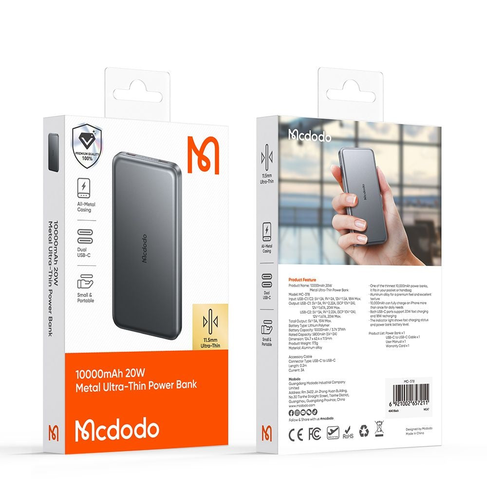 Batería Externa Inalámbrica McDodo MC-3781 Meta, 10000mAh, 20W, PD + FQI, 1 x QI - 2 x USB-C, Negra