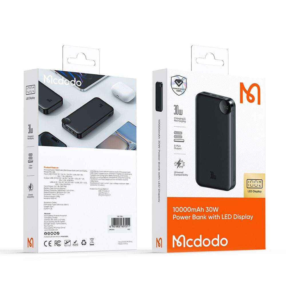 Batería Externa McDodo MC-3850 Display, 10000mAh, 30W, QC + PD, 1 x USB-A - 2 x USB-C, Negra