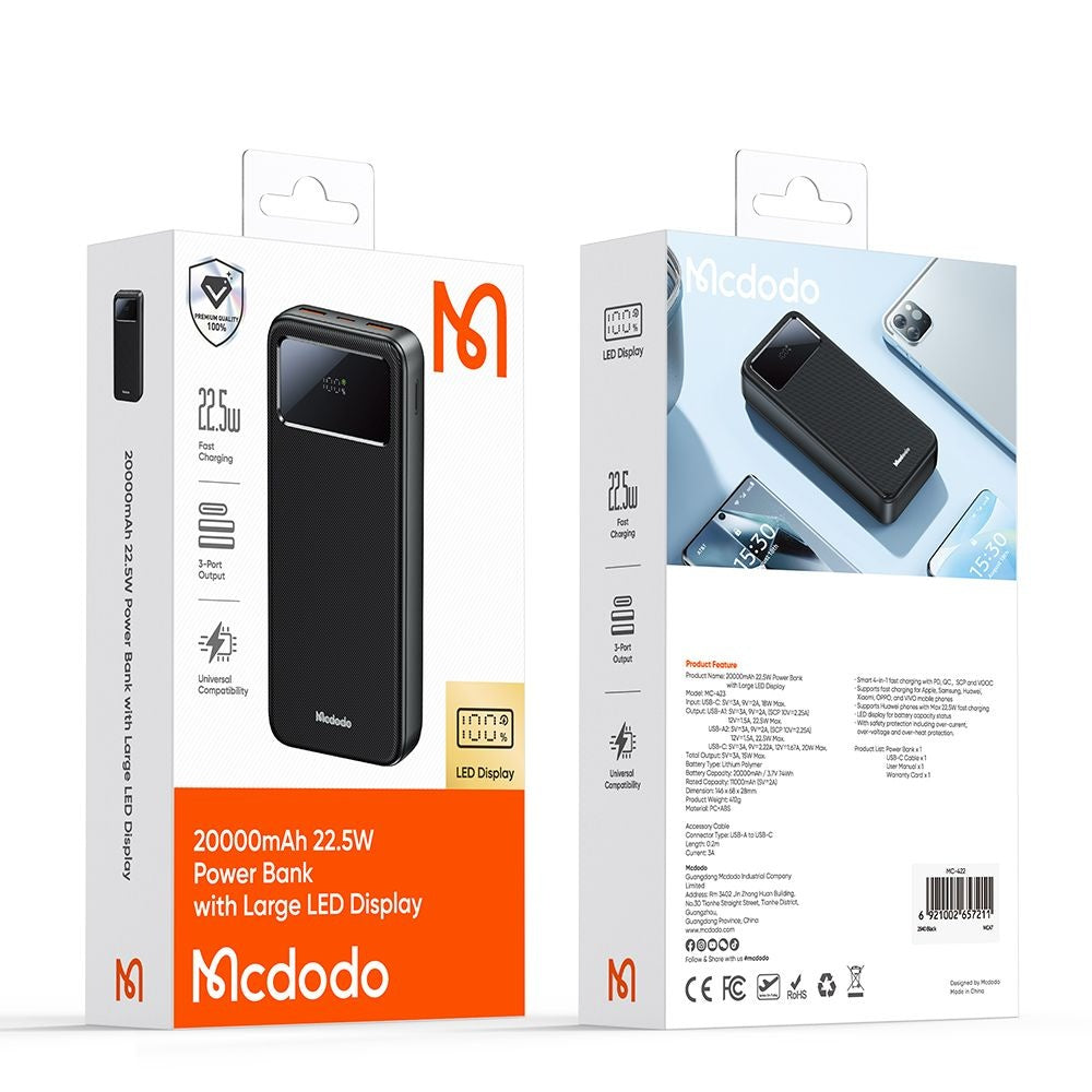 Batería Externa McDodo MC-4230, 20000mAh, 22.5W, QC + PD, 2 x USB-A - 1 x USB-C, Negra