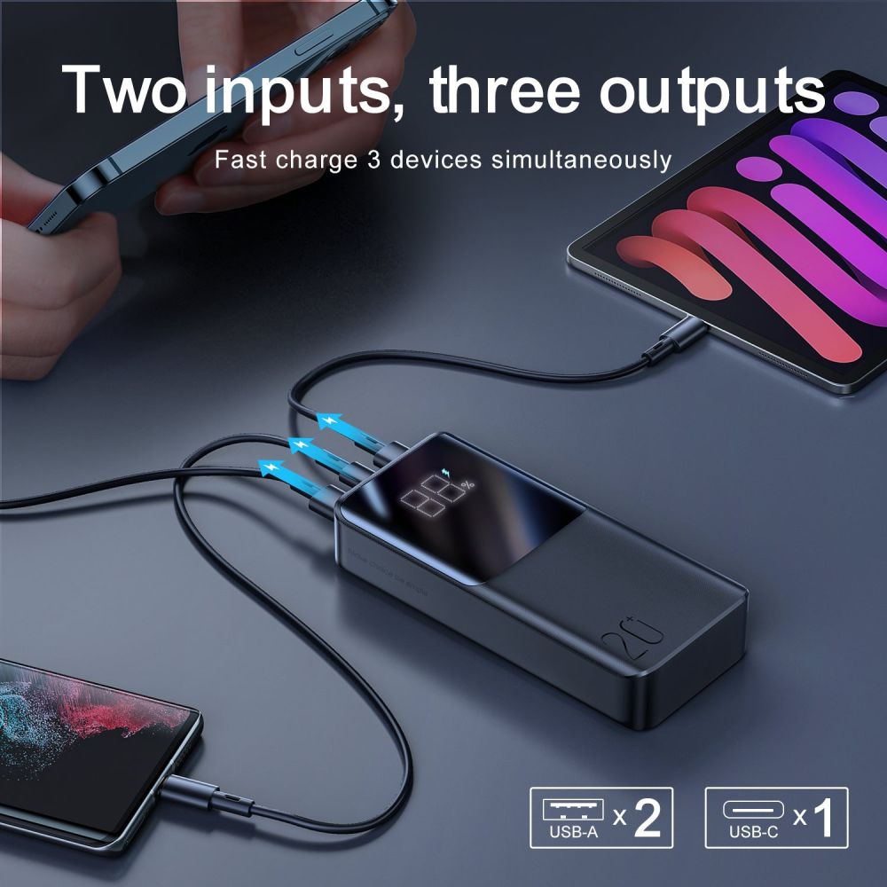 Batería Externa Joyroom, 20000mAh, 22.5W, QC + PD, 1 x USB-C - 2 x USB-A, Negra JR-QP192