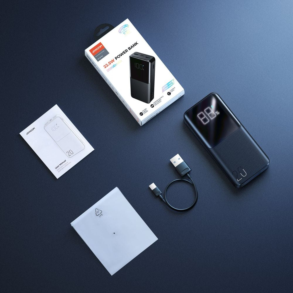 Batería Externa Joyroom, 20000mAh, 22.5W, QC + PD, 1 x USB-C - 2 x USB-A, Negra JR-QP192