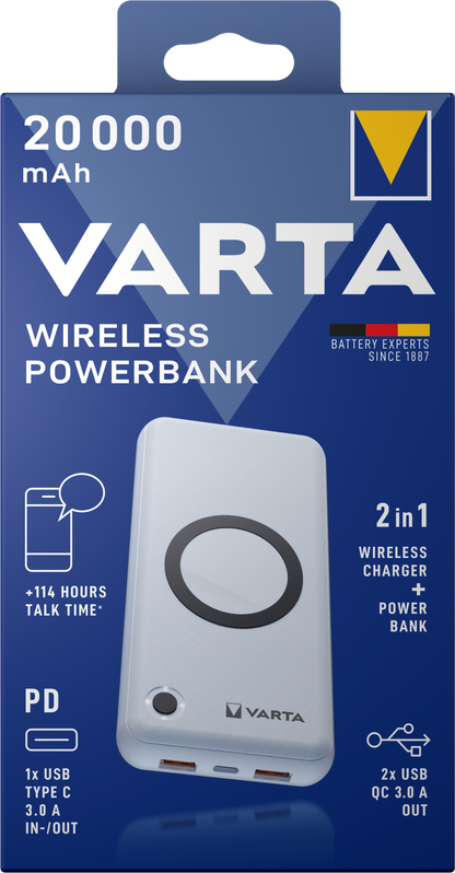 Batería externa inalámbrica Varta Energy, 20000mAh, 18W, QC + PD + FQI, 1 x QI - 1 x USB-C - 2 x USB-A, Blanco