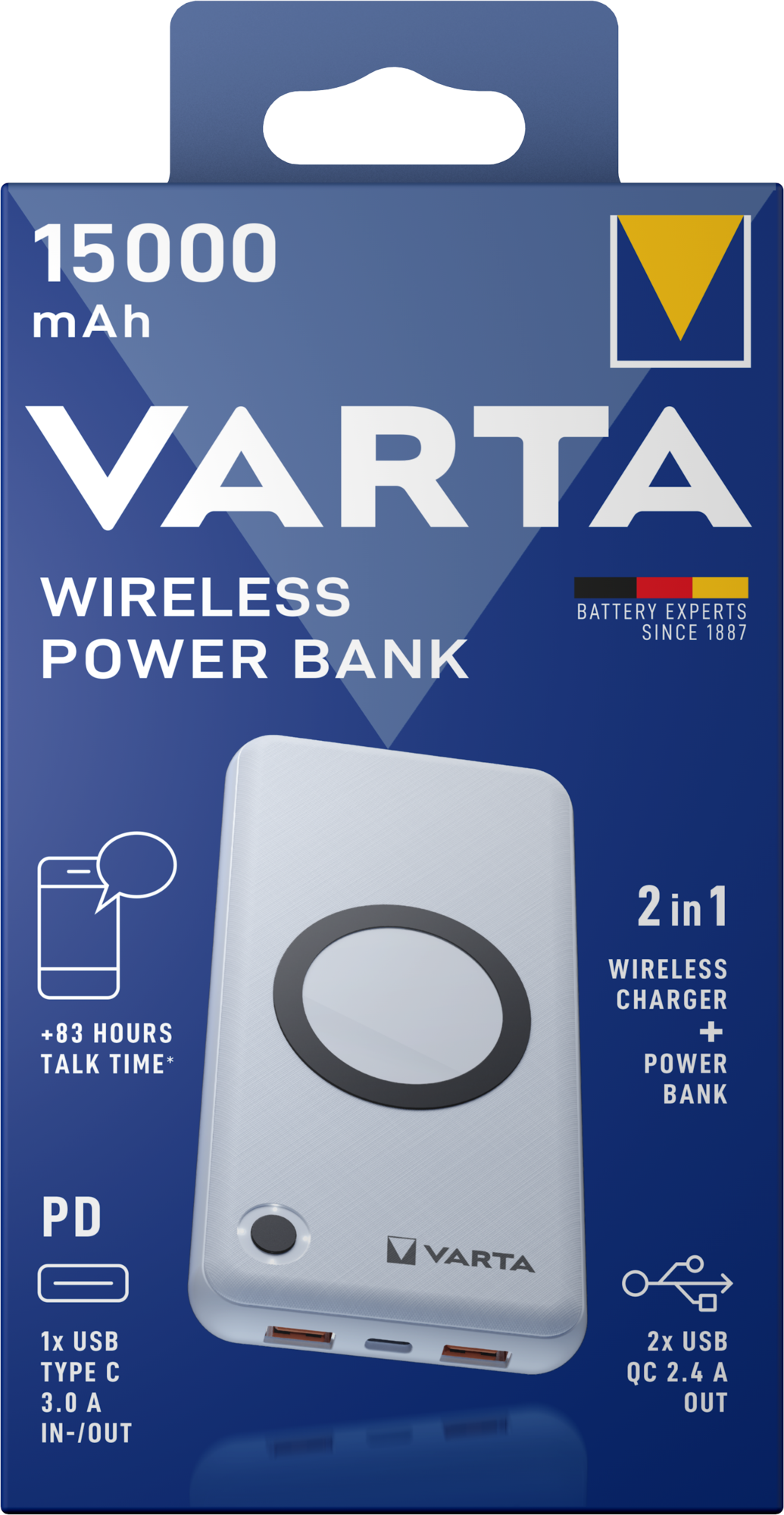 Batería inalámbrica externa Varta Energy, 15000mAh, 18W, QC + PD + FQI, 1 x QI - 1 x USB-C - 2 x USB-A, Blanco