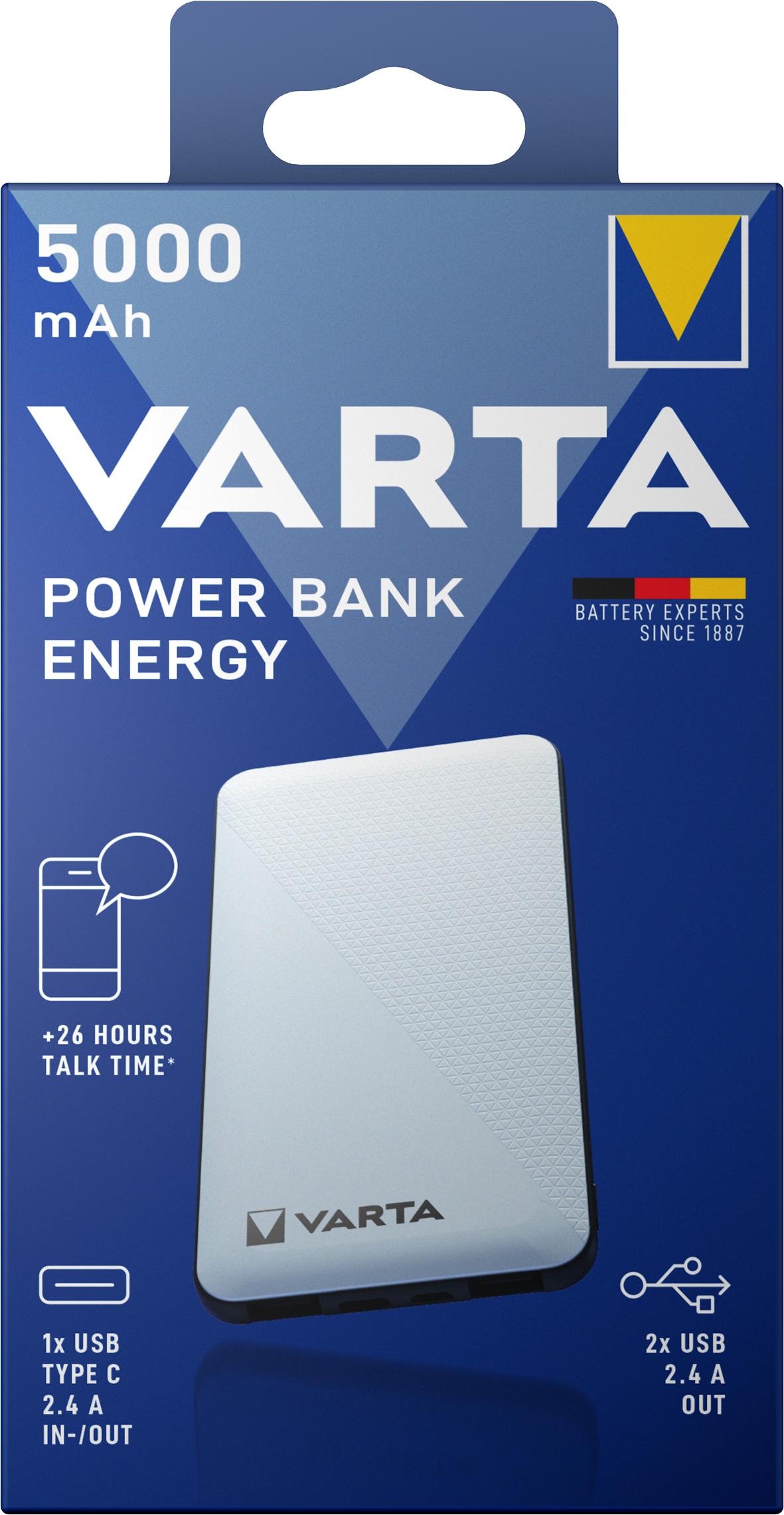 Batería externa Varta Energy, 5000mAh, 15W, 2 x USB-A - 1 x USB-C, Blanco