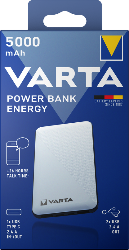 Batería externa Varta Energy, 5000mAh, 15W, 2 x USB-A - 1 x USB-C, Blanco