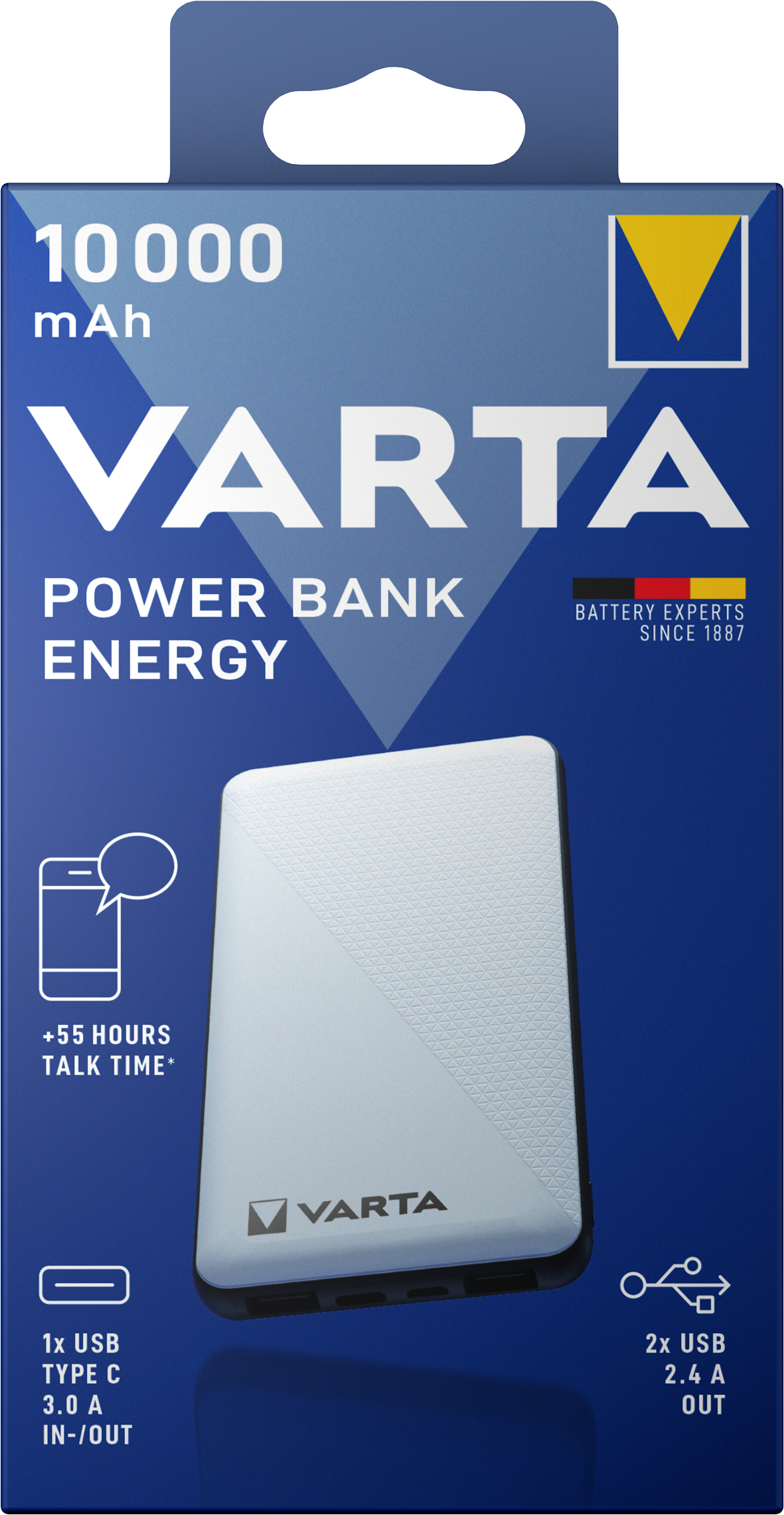 Batería externa Varta Energy, 10000mAh, 15W, 2 x USB-A - 1 x USB-C, Blanco