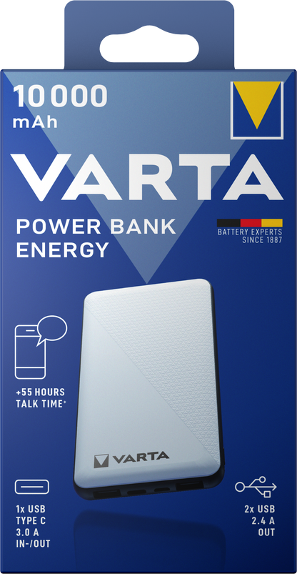 Batería externa Varta Energy, 10000mAh, 15W, 2 x USB-A - 1 x USB-C, Blanco