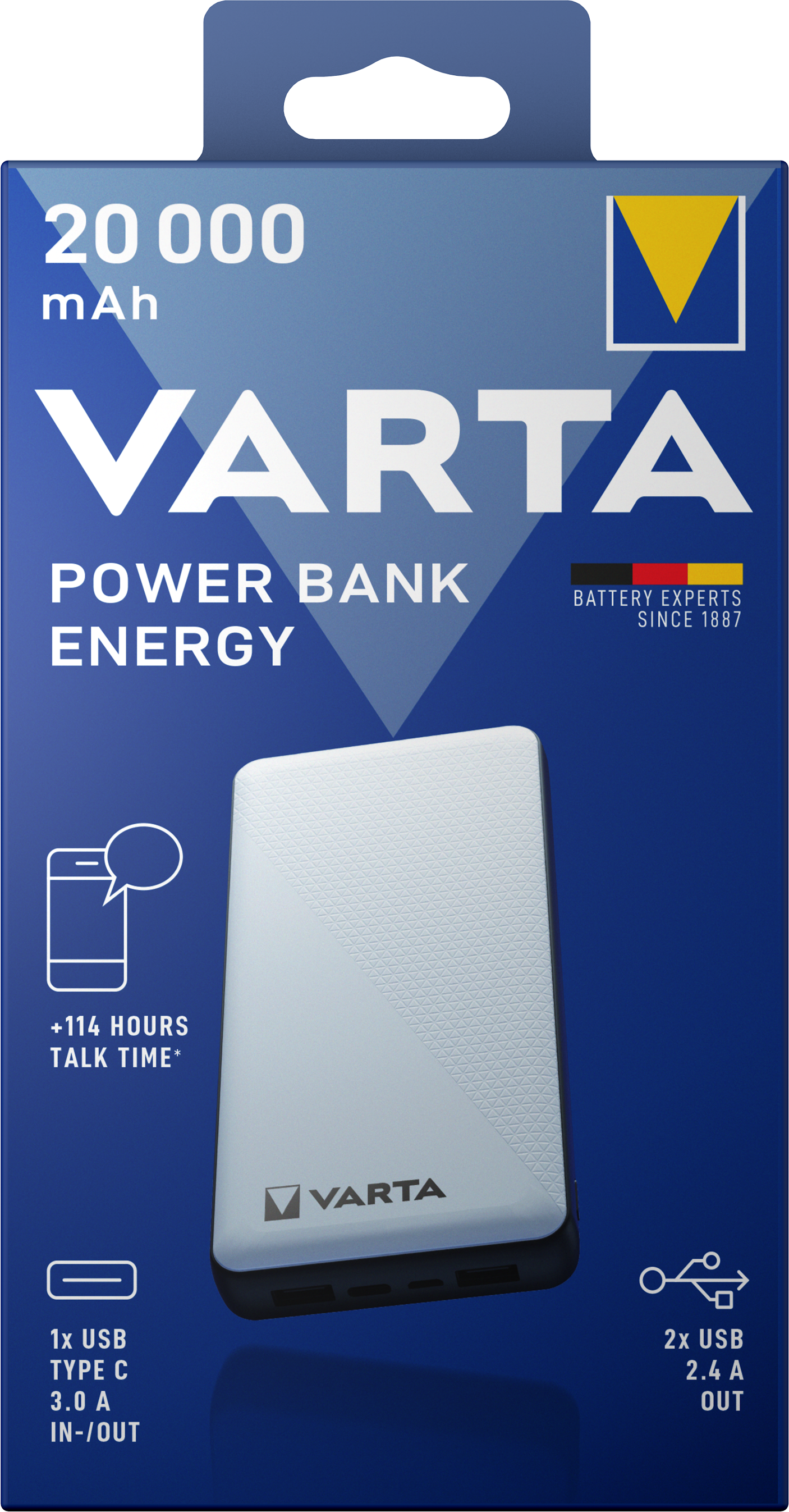 Batería externa Varta Energy, 20000mAh, 15W, 2 x USB-A - 1 x USB-C, Blanco