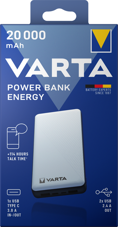 Batería externa Varta Energy, 20000mAh, 15W, 2 x USB-A - 1 x USB-C, Blanco