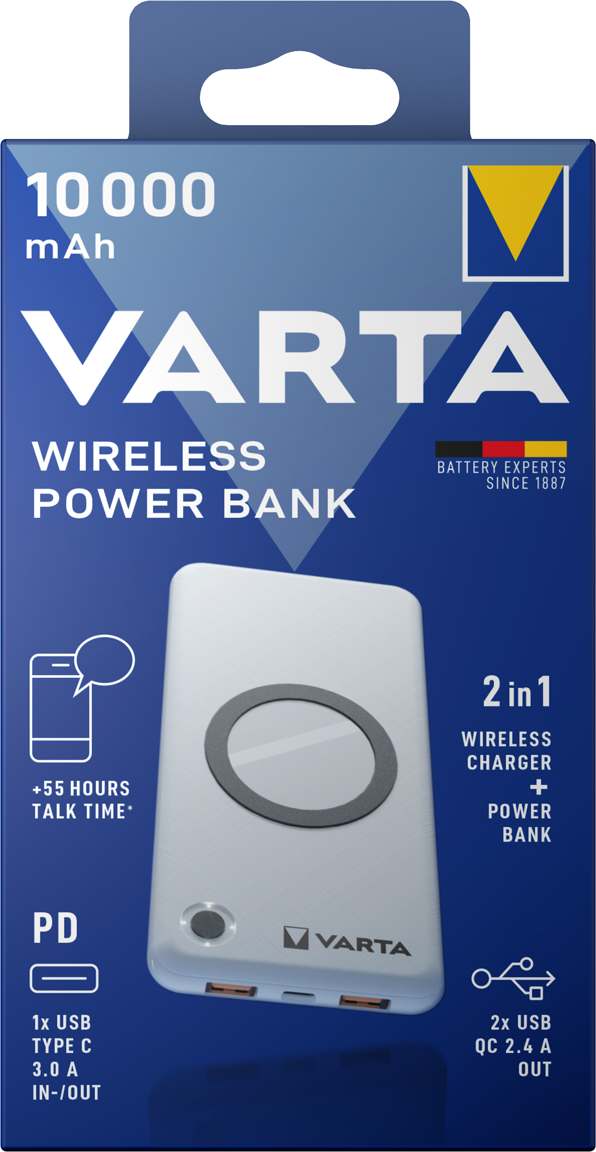 Batería externa inalámbrica Varta Energy, 10000mAh, 18W, QC + PD + FQI, 1 x QI - 1 x USB-C - 2 x USB-A, Blanco