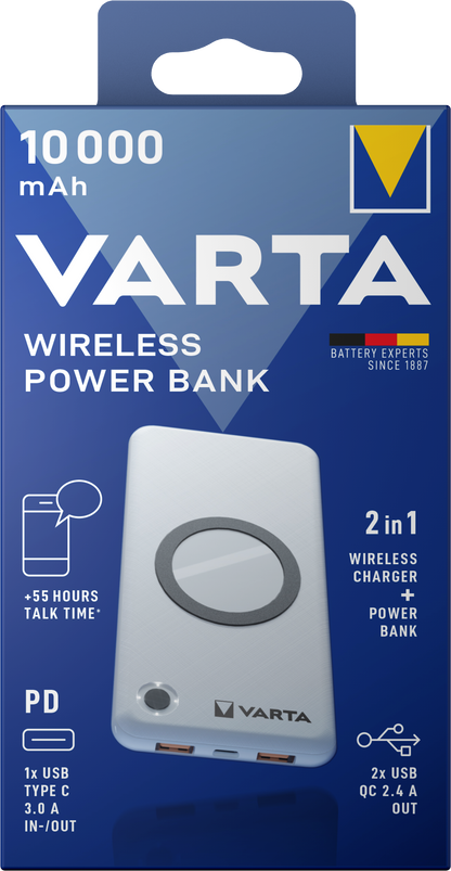 Batería externa inalámbrica Varta Energy, 10000mAh, 18W, QC + PD + FQI, 1 x QI - 1 x USB-C - 2 x USB-A, Blanco