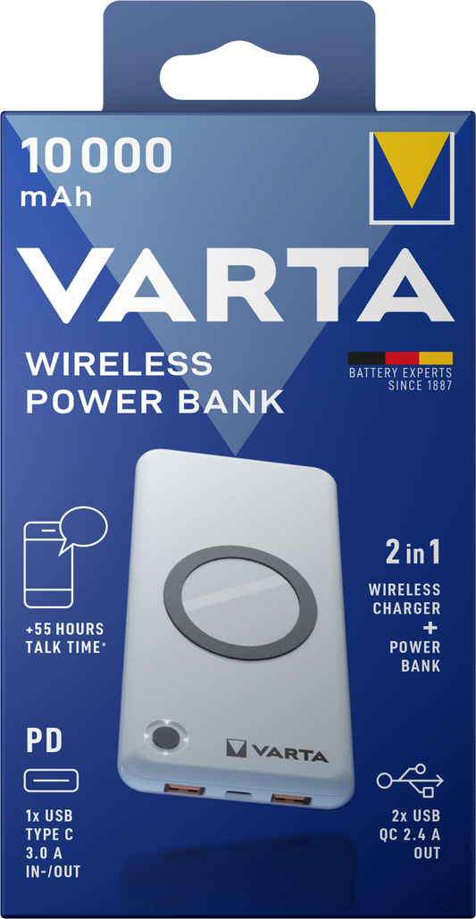 Batería externa inalámbrica Varta Energy, 10000mAh, 18W, QC + PD + FQI, 1 x QI - 1 x USB-C - 2 x USB-A, Blanco