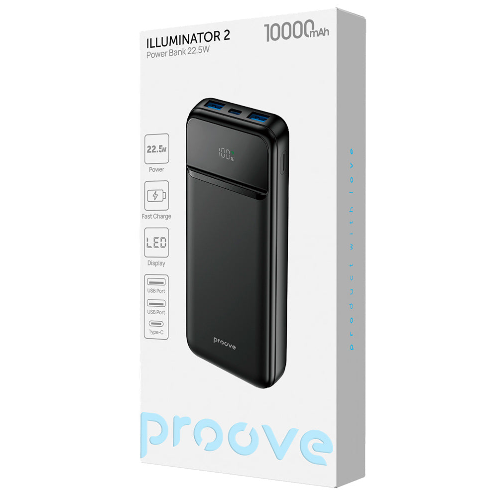 Batería Externa Proove Illuminator 2, 10000mAh, 22.5W, QC + PD, 2 x USB-A - 1 x USB-C, Negra PBIP10212201