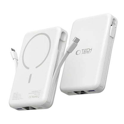 Batería externa inalámbrica Tech-Protect PB31 LifeMag, 10000mAh, 15W, FQI, 1 x Lightning - 1 x QI - 1 x USB-A - 1 x USB-C, Blanco