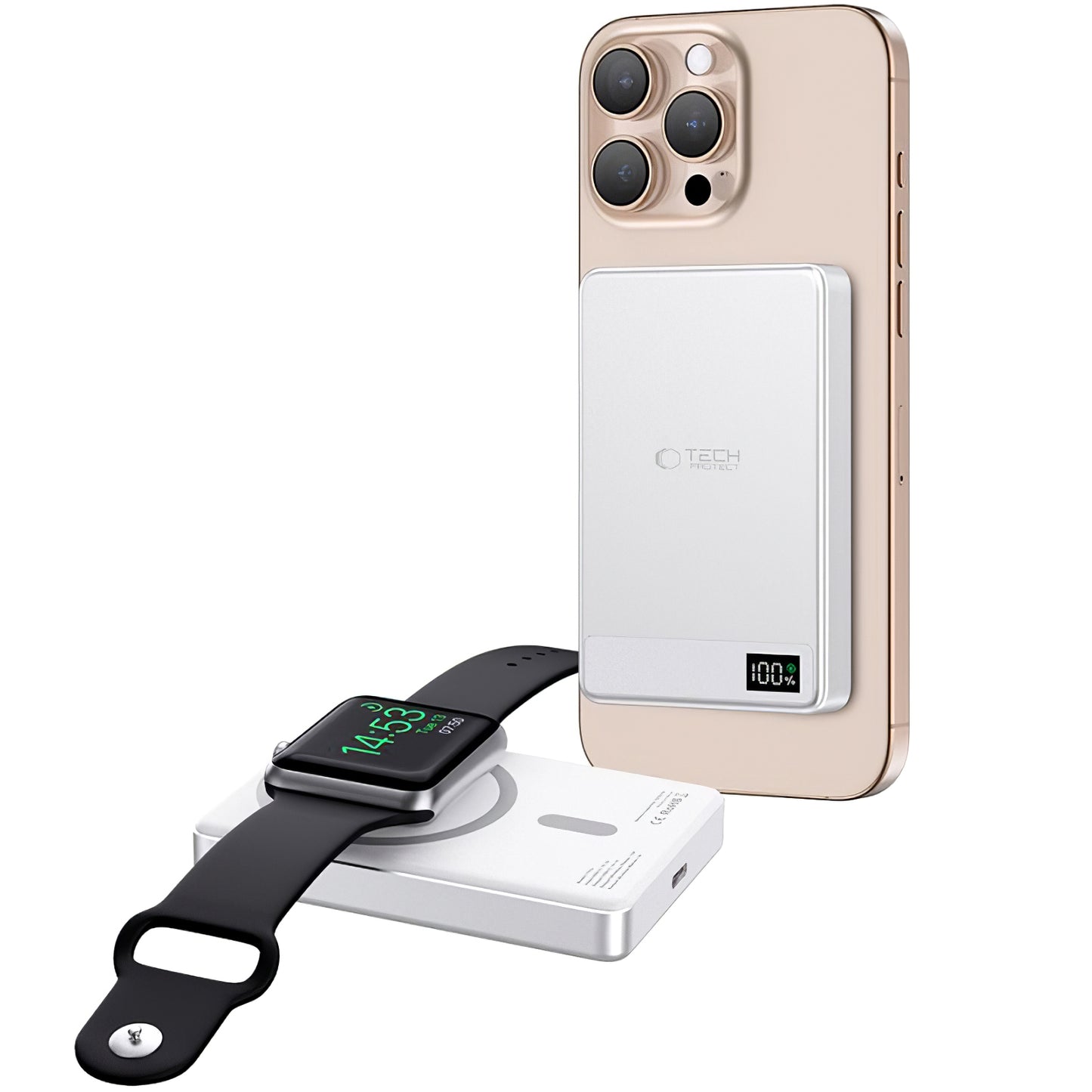 Batería externa inalámbrica Tech-Protect PB33 LifeMag, 5000mAh, 15W, FQI, 1 x QI - 1 x USB-C, Gris