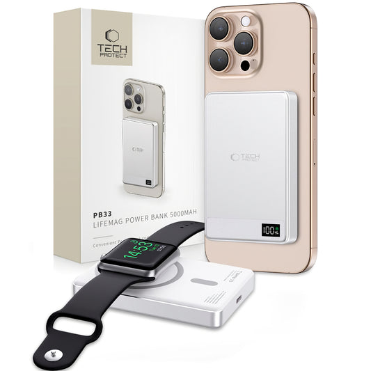 Batería externa inalámbrica Tech-Protect PB33 LifeMag, 5000mAh, 15W, FQI, 1 x QI - 1 x USB-C, Gris