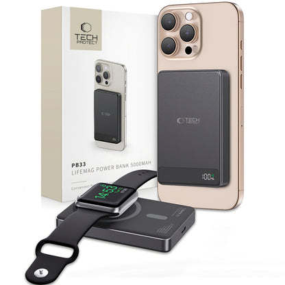 Batería externa inalámbrica Tech-Protect PB33 LifeMag, 5000mAh, 15W, FQI, 1 x QI - 1 x USB-C, Negro