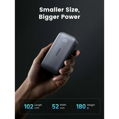 Batería Externa UGREEN PB502, 10000mAh, 30W, QC + PD, 1 x USB-A - 1 x USB-C, Gris
