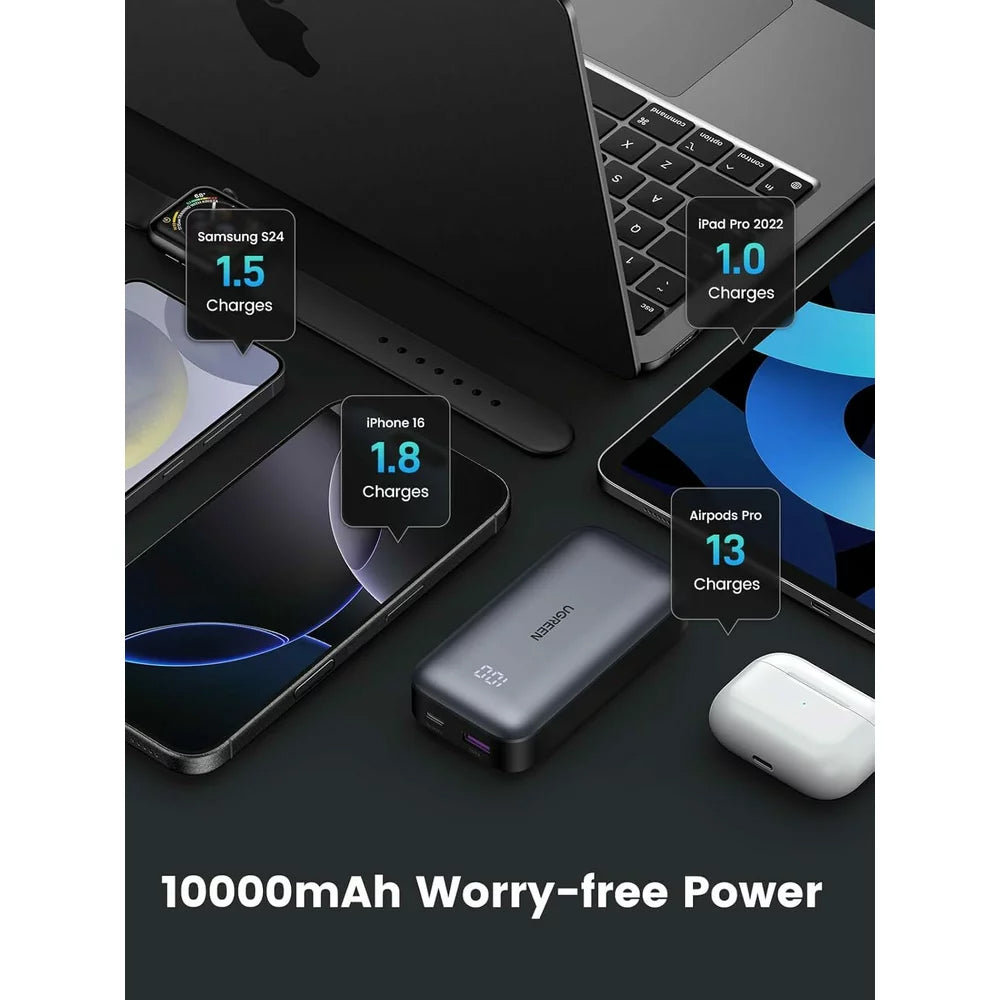 Batería Externa UGREEN PB502, 10000mAh, 30W, QC + PD, 1 x USB-A - 1 x USB-C, Gris