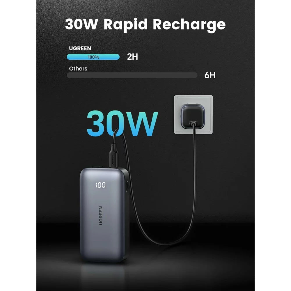 Batería Externa UGREEN PB502, 10000mAh, 30W, QC + PD, 1 x USB-A - 1 x USB-C, Gris