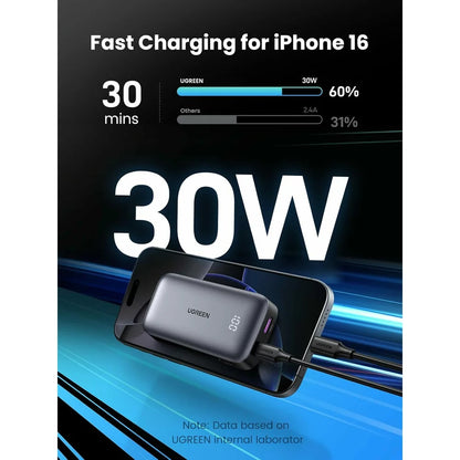 Batería Externa UGREEN PB502, 10000mAh, 30W, QC + PD, 1 x USB-A - 1 x USB-C, Gris