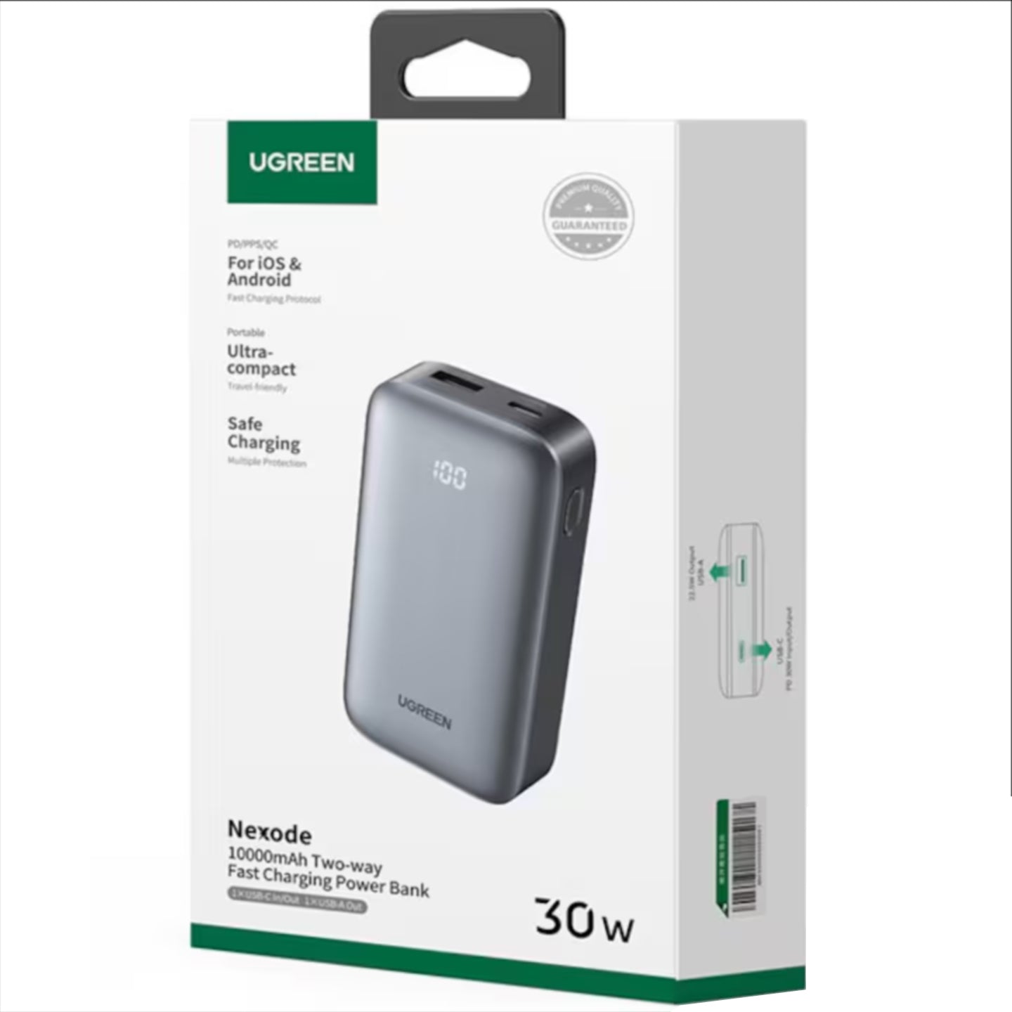 Batería Externa UGREEN PB502, 10000mAh, 30W, QC + PD, 1 x USB-A - 1 x USB-C, Gris