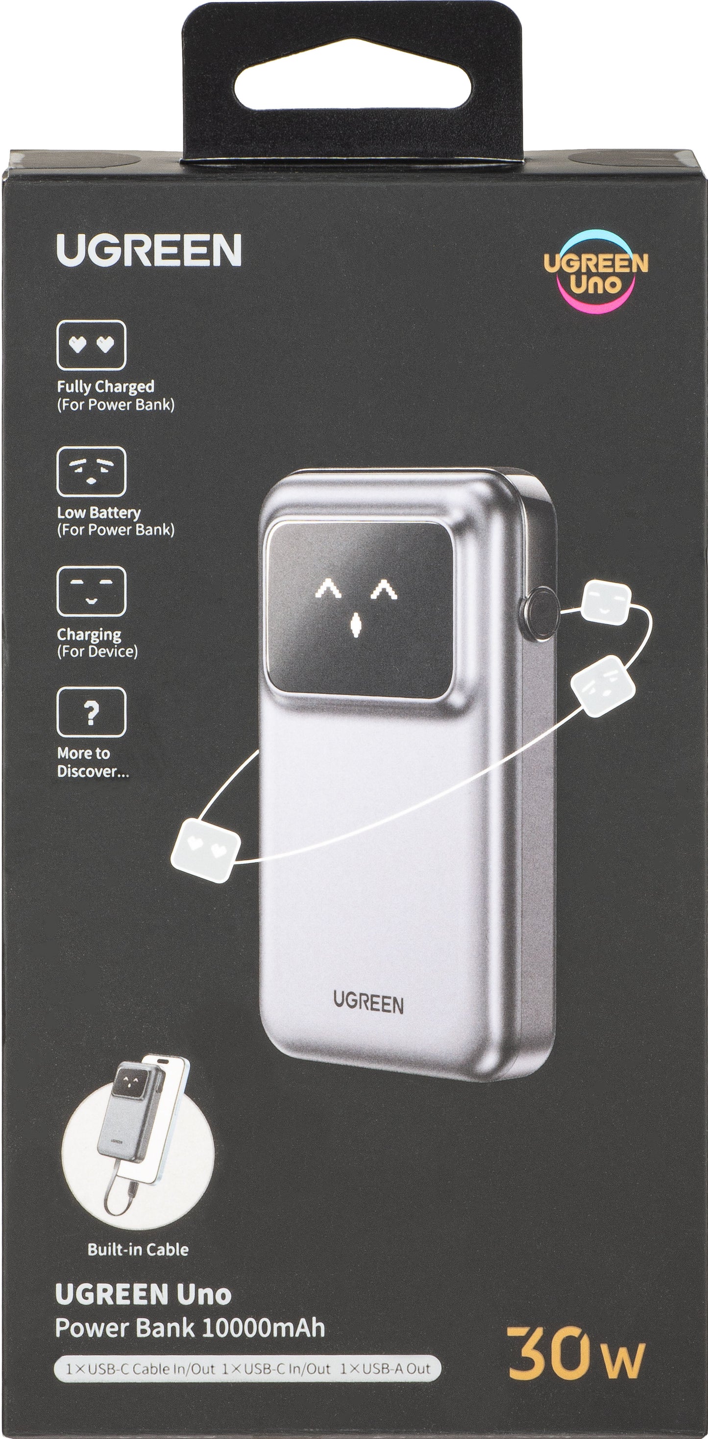 Batería Externa UGREEN PB511 Uno, 10000mAh, 30W, QC + PD, 1 x USB-A - 2 x USB-C, Gris