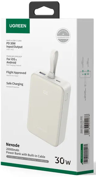 Batería Externa UGREEN PB521, 20000mAh, 30W, QC + PD, 1 x USB-A - 2 x USB-C, Blanca