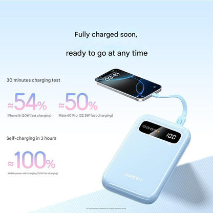Batería Externa UGREEN PB522, 10000mAh, 20W, QC + PD, 1 x USB-A - 1 x USB-C, Azul