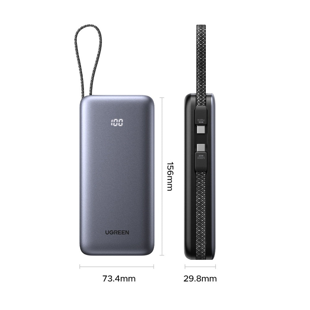 Batería Externa UGREEN PB528 (55985B), 20000mAh, 30W, QC + PD, 1 x USB-A - 3 x USB-C, Gris