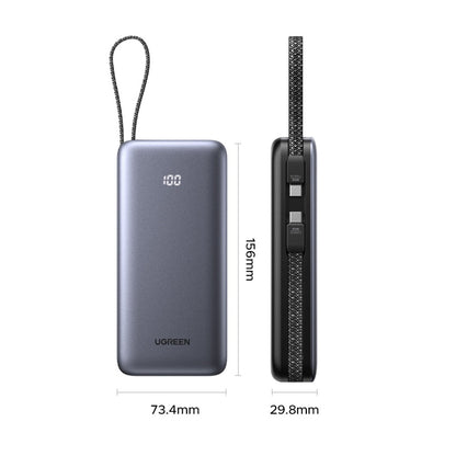 Batería Externa UGREEN PB528 (55985B), 20000mAh, 30W, QC + PD, 1 x USB-A - 3 x USB-C, Gris