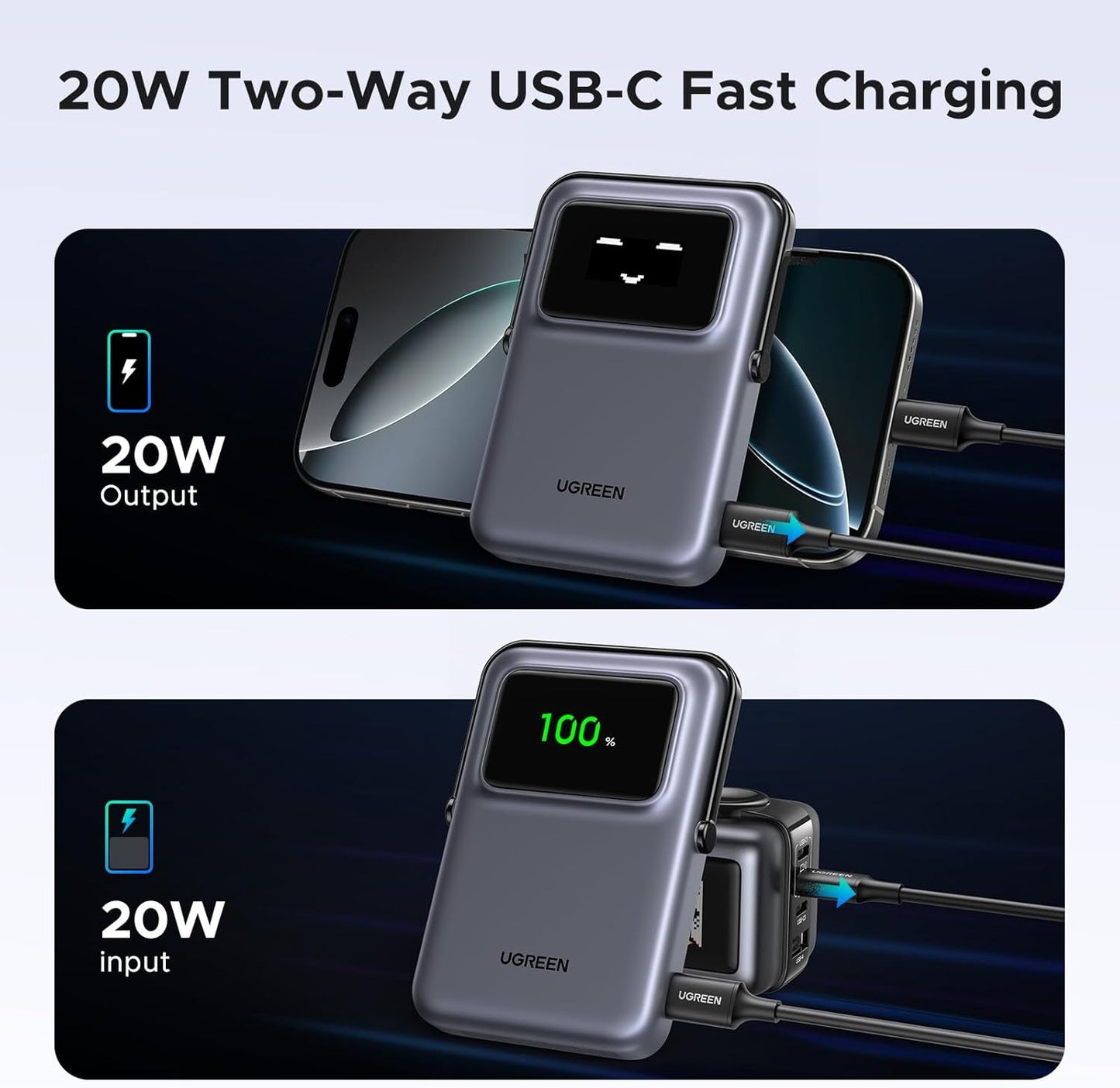 Batería Externa Inalámbrica UGREEN PB572 Uno, 10000mAh, 20W, PD + FQI, 1 x QI - 1 x USB-C, Gris