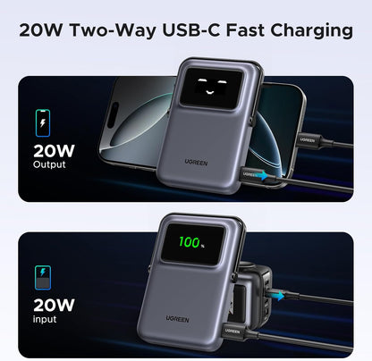 Batería Externa Inalámbrica UGREEN PB572 Uno, 10000mAh, 20W, PD + FQI, 1 x QI - 1 x USB-C, Gris