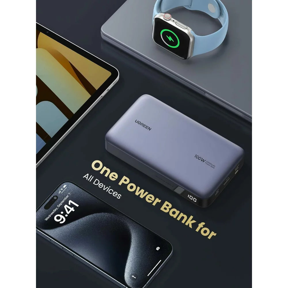 Batería Externa UGREEN PB720 Nexode, 20000mAh, 100W, QC + PD, 1 x USB-A - 2 x USB-C, Gris