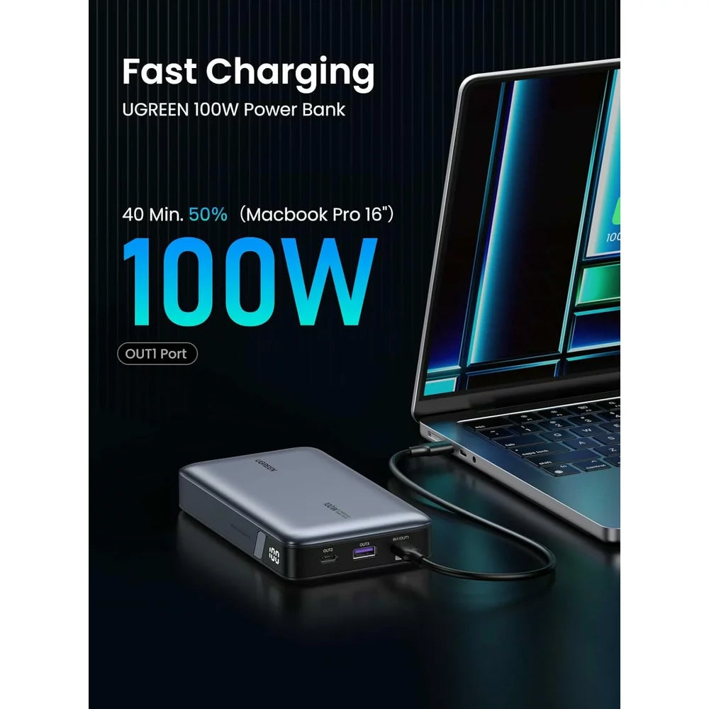 Batería Externa UGREEN PB720 Nexode, 20000mAh, 100W, QC + PD, 1 x USB-A - 2 x USB-C, Gris