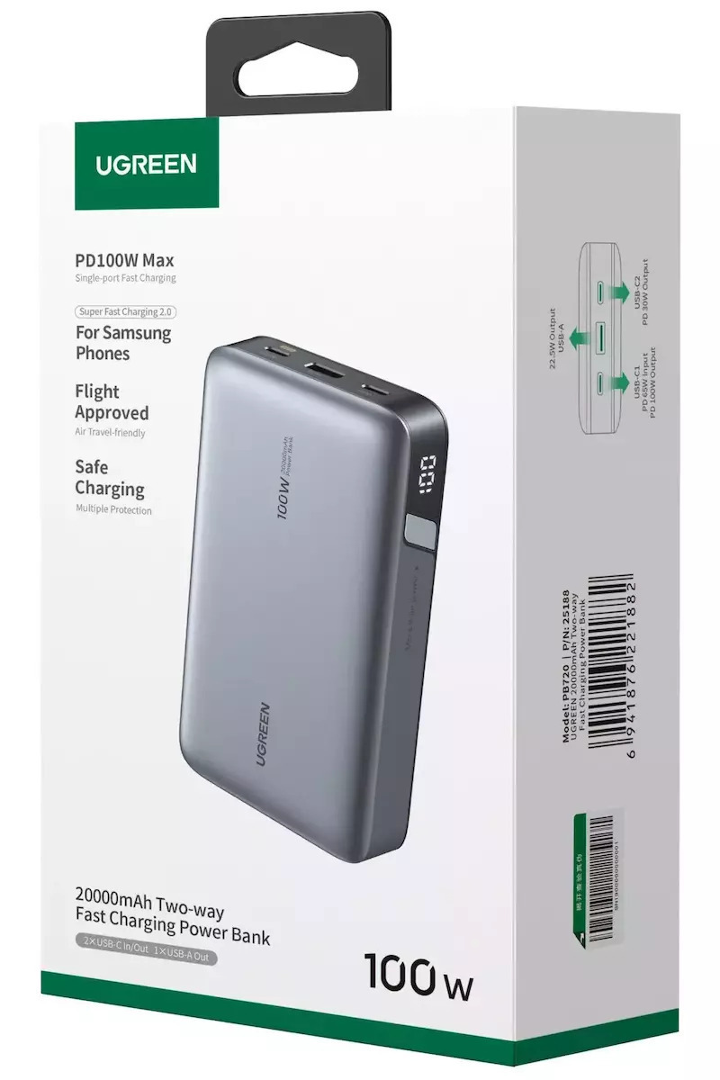 Batería Externa UGREEN PB720 Nexode, 20000mAh, 100W, QC + PD, 1 x USB-A - 2 x USB-C, Gris