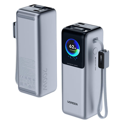 Batería Externa UGREEN PB728 (75702B), 25000mAh, 200W, QC + PD, 1 x USB-A - 3 x USB-C, Gris