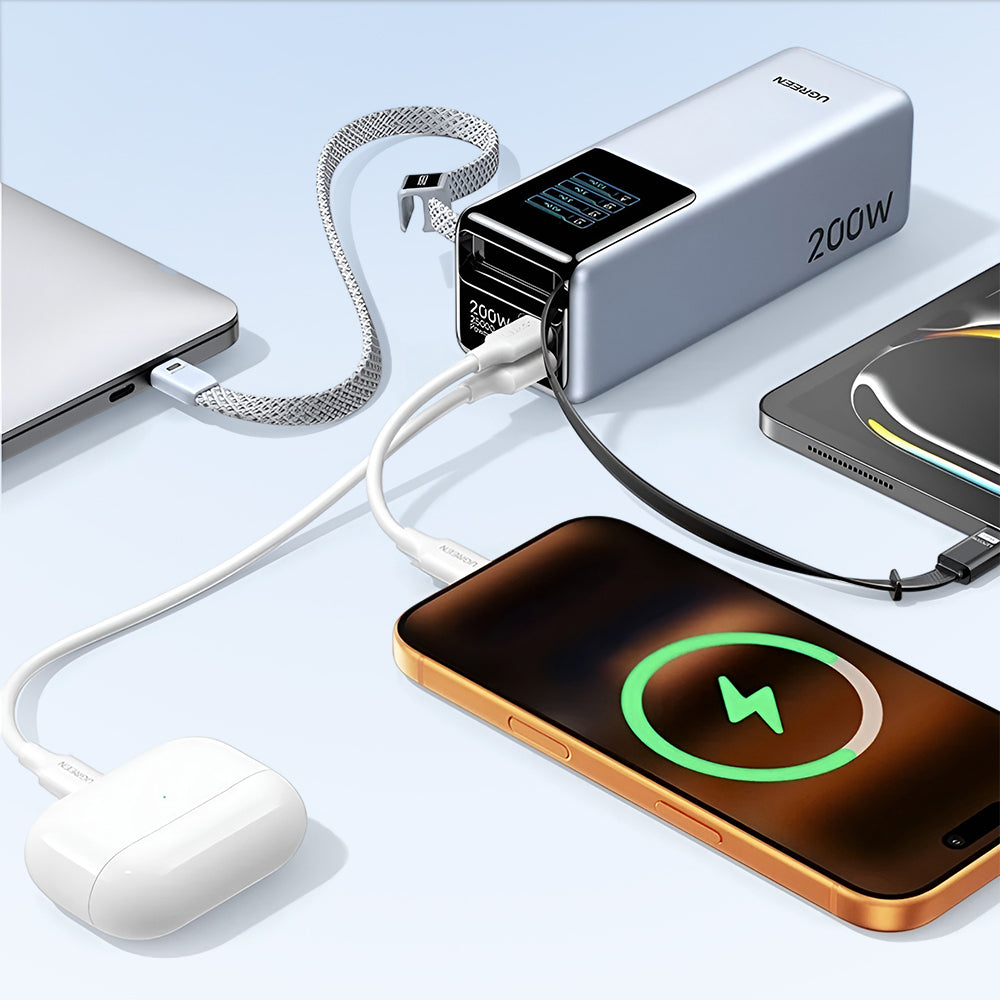 Batería Externa UGREEN PB728 (75702B), 25000mAh, 200W, QC + PD, 1 x USB-A - 3 x USB-C, Gris