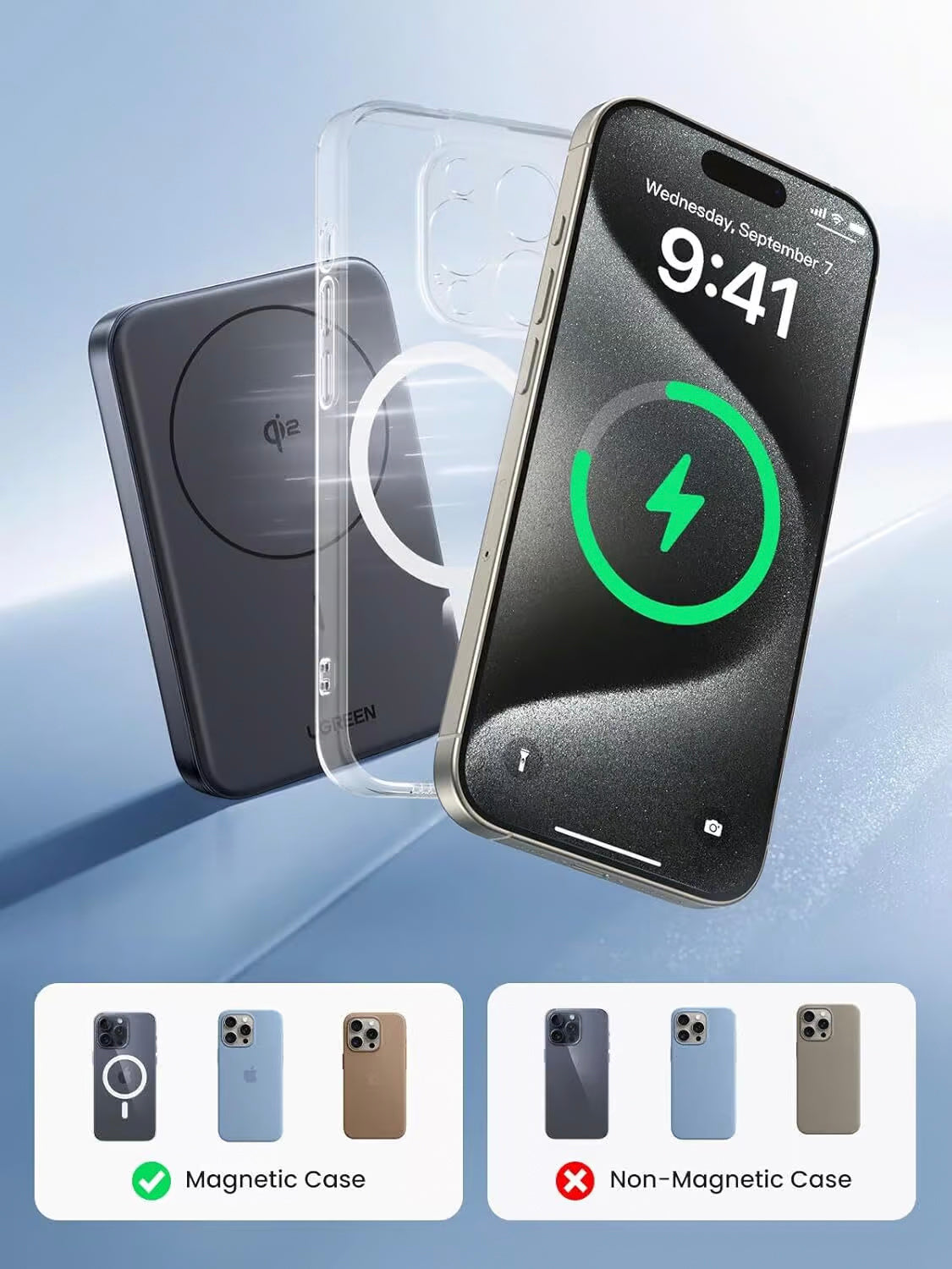 Batería Externa UGREEN PB761, 10000mAh, 30W, PD + FQI, 1 x QI - 1 x USB-C, Gris