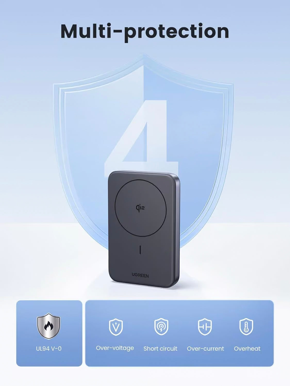 Batería Externa UGREEN PB761, 10000mAh, 30W, PD + FQI, 1 x QI - 1 x USB-C, Gris