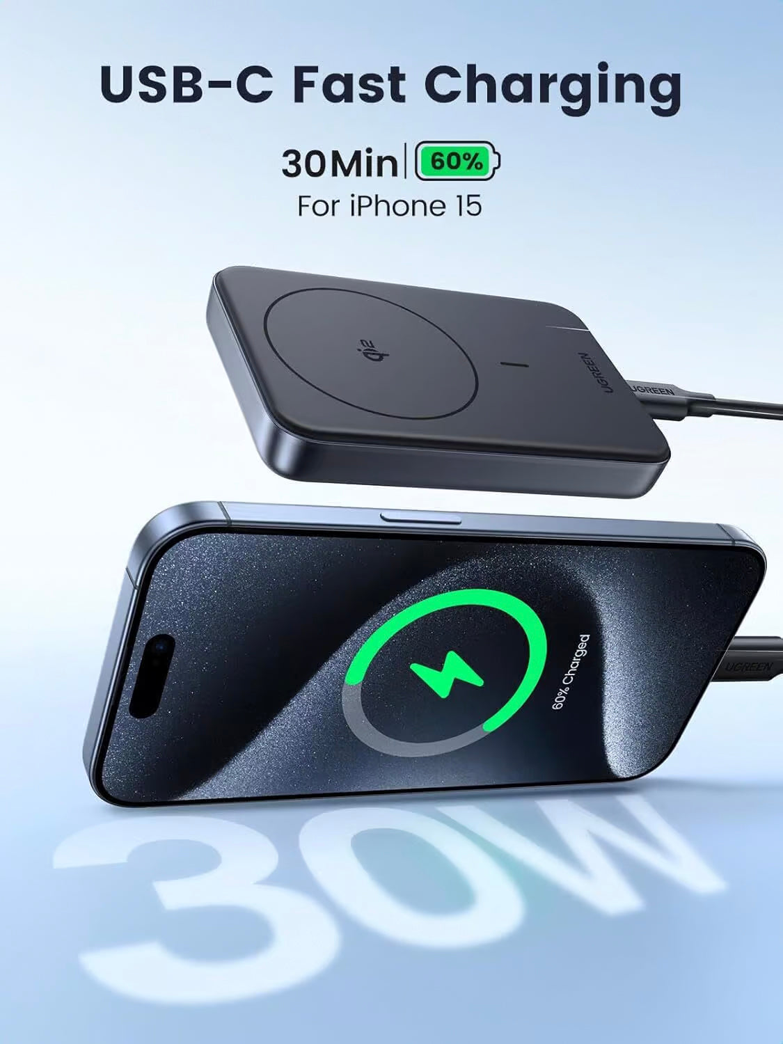 Batería Externa UGREEN PB761, 10000mAh, 30W, PD + FQI, 1 x QI - 1 x USB-C, Gris