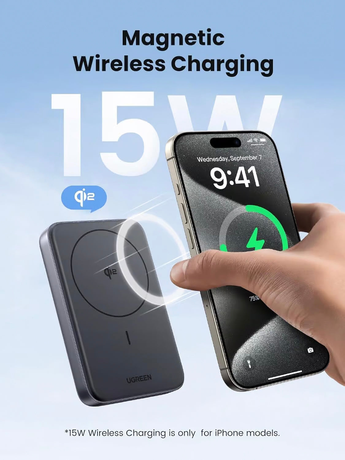 Batería Externa UGREEN PB761, 10000mAh, 30W, PD + FQI, 1 x QI - 1 x USB-C, Gris