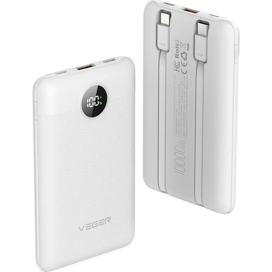 Batería Externa Veger C11C, 10000mAh, 22.5W, QC + PD, 1 x Lightning - 1 x USB-A - 2 x USB-C, Blanca