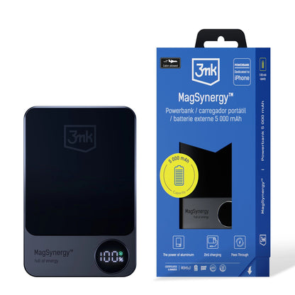 3MK MagSynergy Batería externa inalámbrica, 5000mAh, 18W, PD + FQI, 1 x QI - 1 x USB-C, Negro